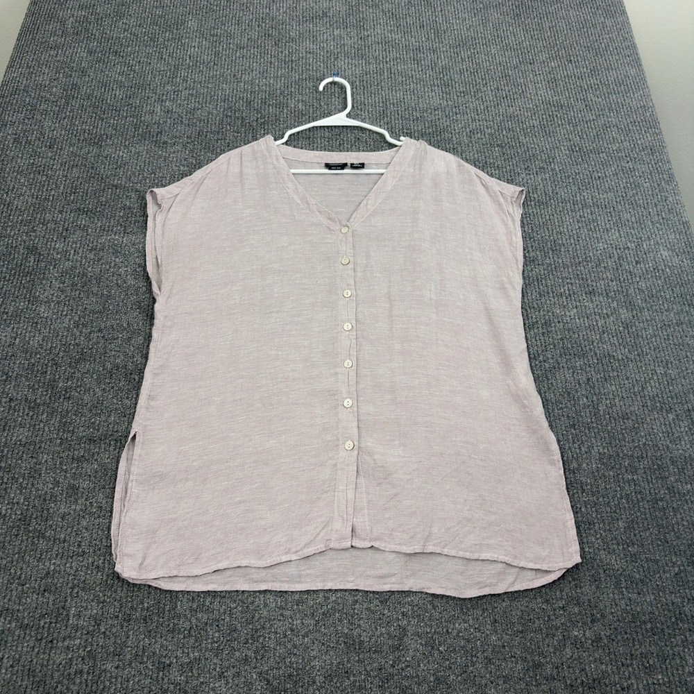 Jones & Co Top Womens Medium Mauve 100% Linen Button Up V Neck Casual Style